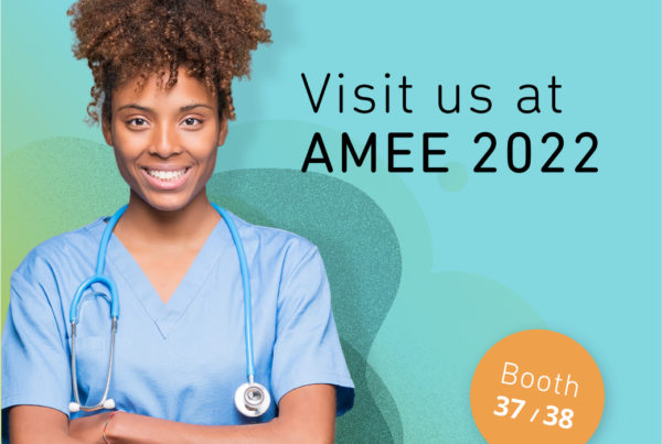 healthcare professional inviting to visit Body interact at AMEE 2022 conference