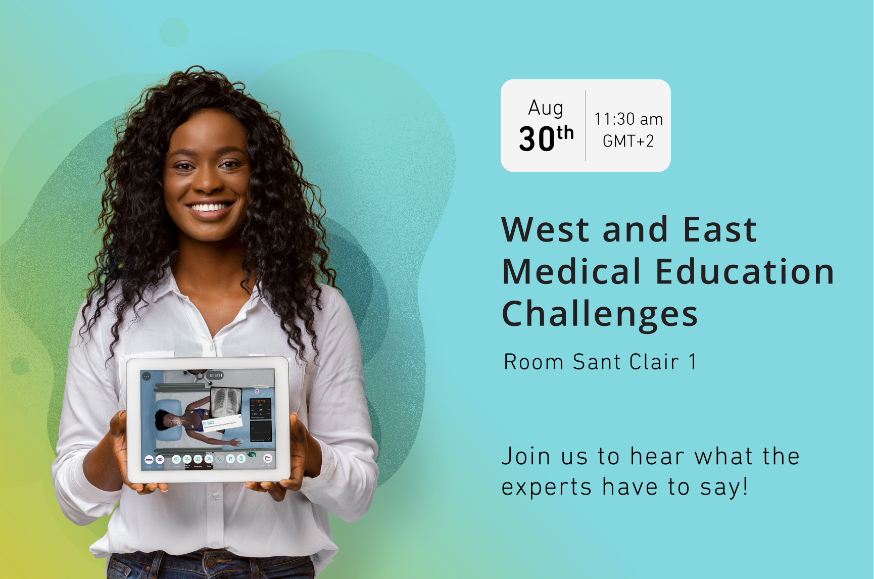 informative banner about amee workshop on edical education challenges with a girl holding a tablet presenting body interact virtual patient simulator